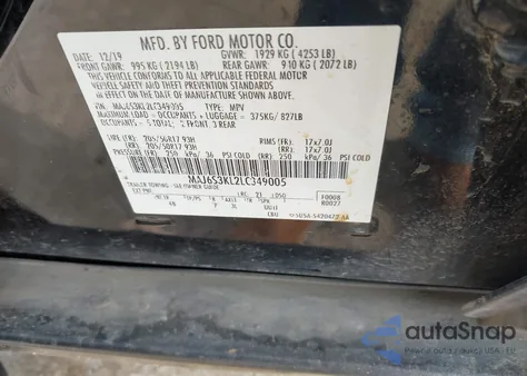 2020 Ford Ecosport Titanium z USA, uszkodzony, nr VIN MAJ6S3KL2LC349005